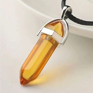 Citrine colour hexagonal chakra pendant on black leather cord necklace men women